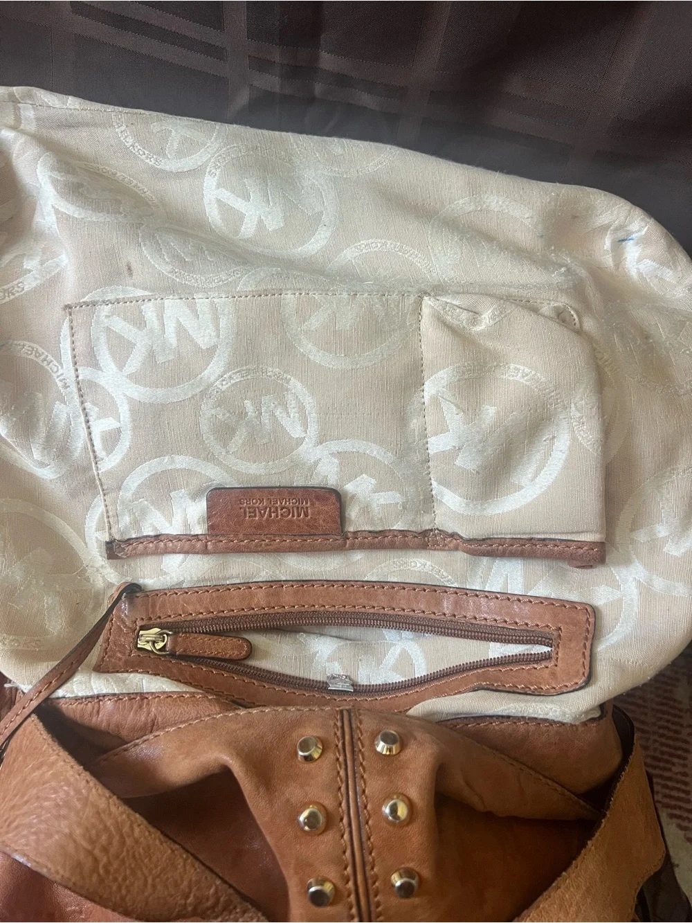 Michael Kors Vintage Uptown Astor Studded Leather Hobo Bag - Cognac Brown